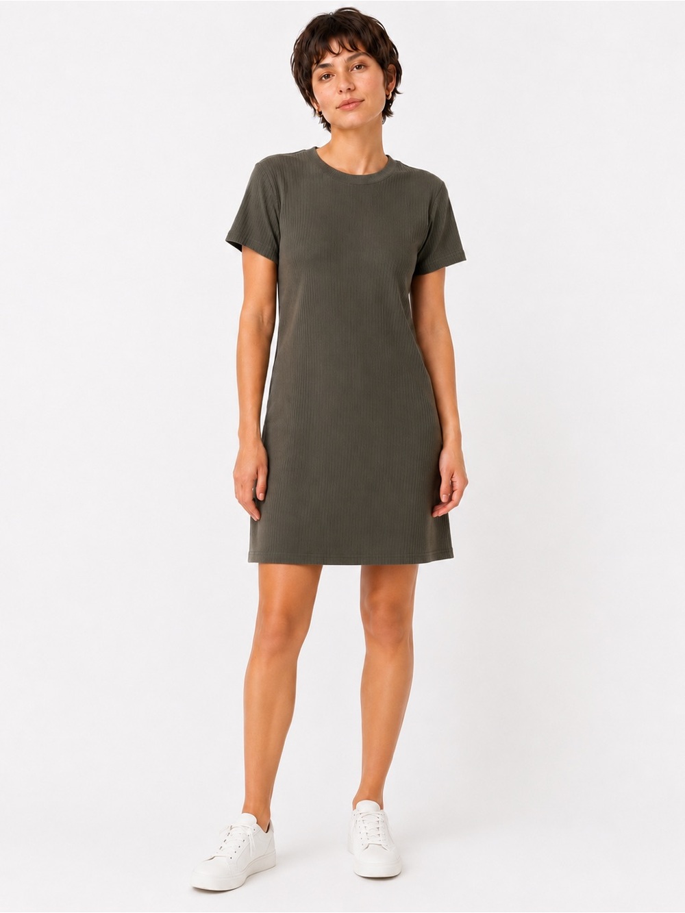 Zara Trafaluc Ribbed T-Shirt Dress in Dark Olive